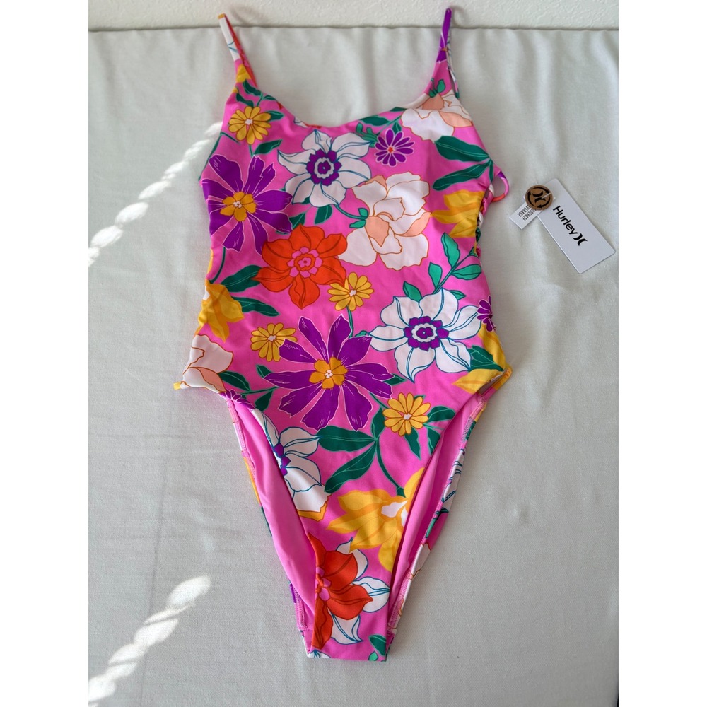 Hurley Daisy Delight Mod One Piece Swimsuit Pink Floral Side Cutout Size M - Picture 4 of 12